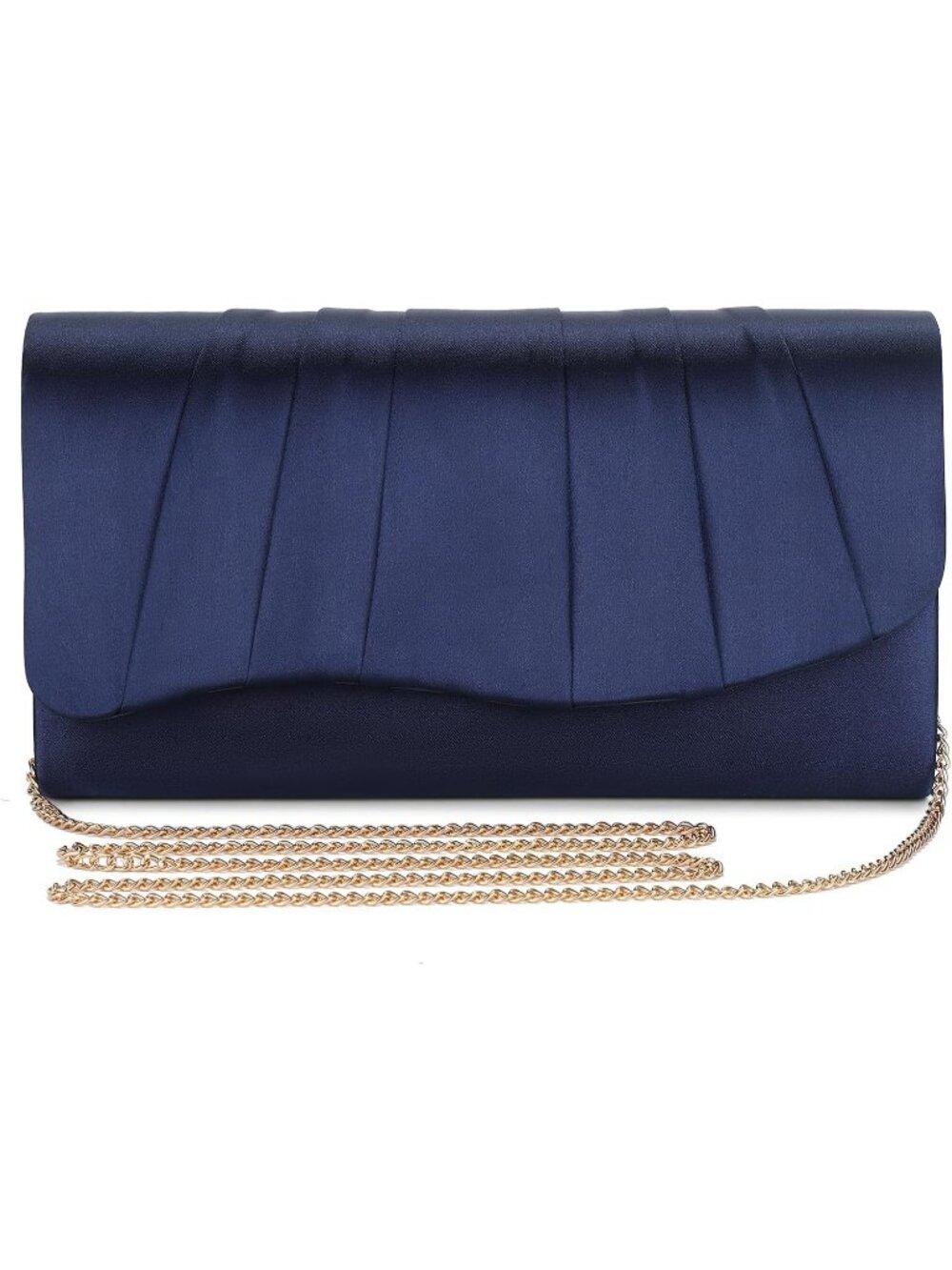 Women's Navy Blue Satin Evening Clutch Elegant Pleated Formal Party Handbag
